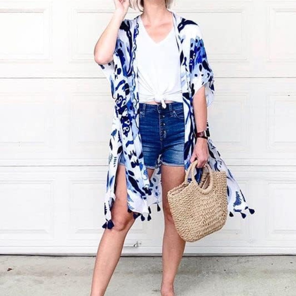 MOSS ROSE Women's Kimono Style Beach Cover Up with Bohemian Floral Print